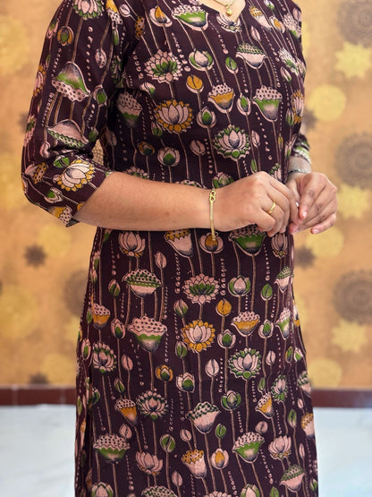 Kalamkari Hand Block Print with Lotus & Peacock Designs - KAL 1232
