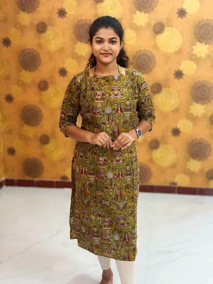 Kalamkari Hand Block Print with Lotus & Peacock Designs - KAL 1231