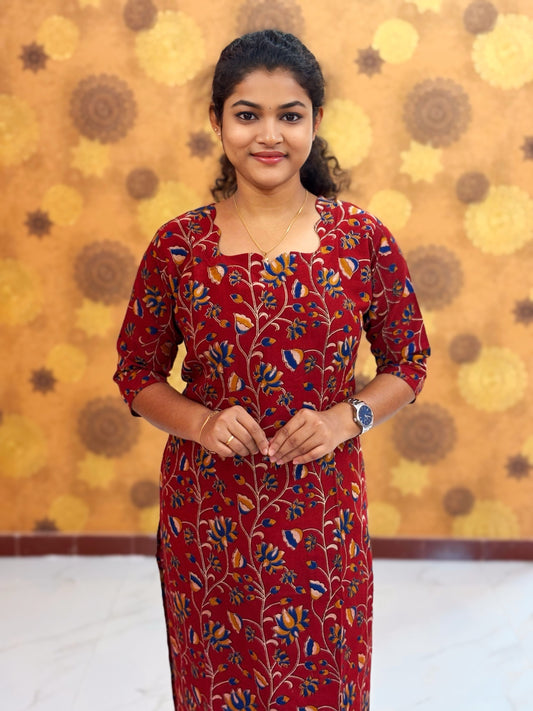 Kalamkari Hand Block Print with Lotus & Peacock Designs - KAL 1229