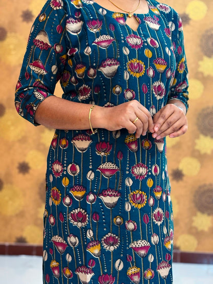 Kalamkari Hand Block Print with Lotus & Peacock Designs - KAL 1228