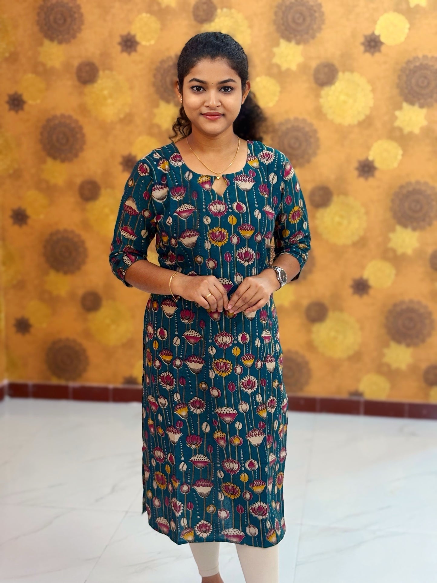 Kalamkari Hand Block Print with Lotus & Peacock Designs - KAL 1228