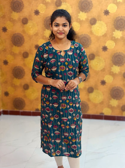 Kalamkari Hand Block Print with Lotus & Peacock Designs - KAL 1228