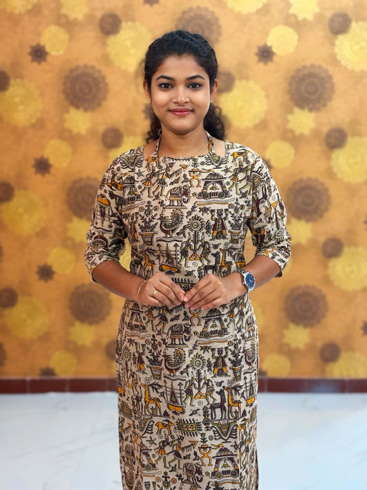 Kalamkari Hand Block Print with Lotus & Peacock Designs - KAL 1225