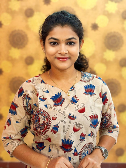 Kalamkari Hand Block Print with Lotus & Peacock Designs - KAL 1224