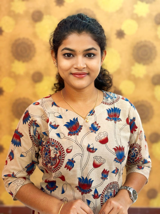 Kalamkari Hand Block Print with Lotus & Peacock Designs - KAL 1224