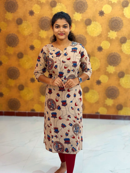 Kalamkari Hand Block Print with Lotus & Peacock Designs - KAL 1224