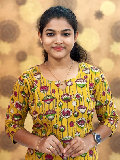 Kalamkari Hand Block Print with Lotus & Peacock Designs - KAL 1223
