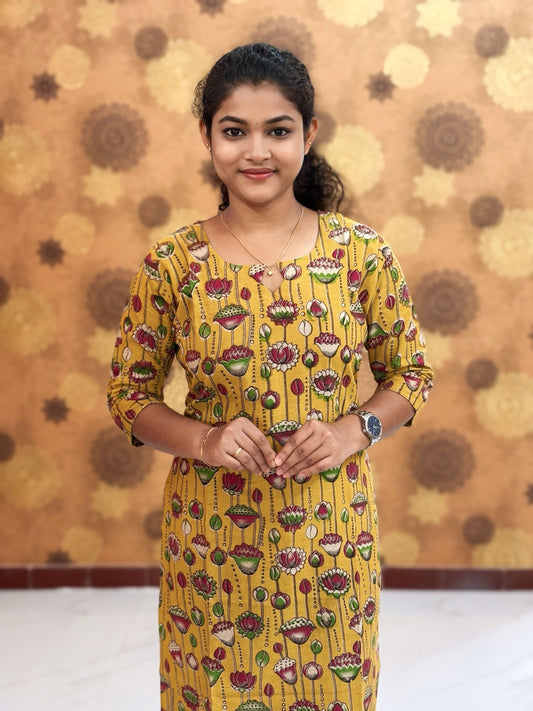 Kalamkari Hand Block Print with Lotus & Peacock Designs - KAL 1223