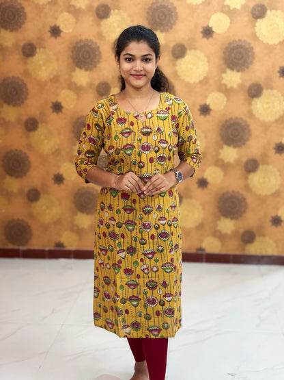 Kalamkari Hand Block Print with Lotus & Peacock Designs - KAL 1223