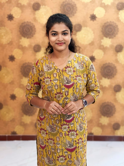 Kalamkari Hand Block Print with Lotus & Peacock Designs - KAL 1221
