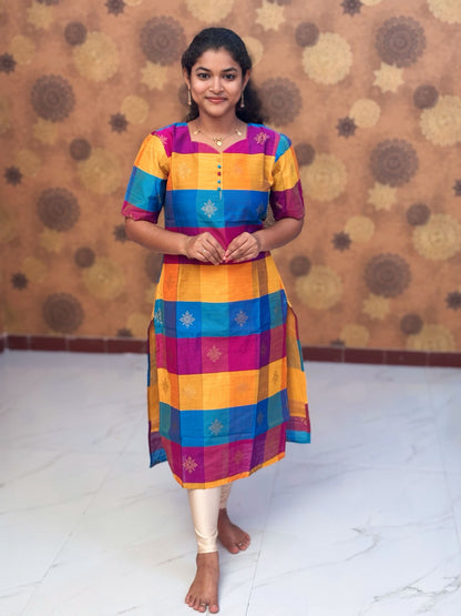 Paazhum Pazhamum Multi Check Butta Raw Silk Kurti with Lining - RSK 0019