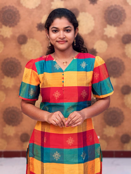 Paazhum Pazhamum Multi Check Butta Raw Silk Kurti with Lining - RSK 0023