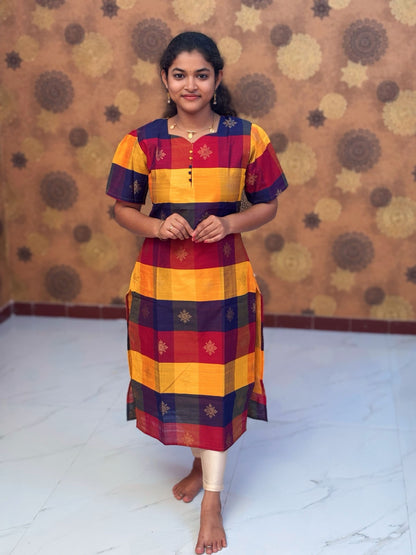 Paazhum Pazhamum Multi Check Butta Raw Silk Kurti with Lining - RSK 0024