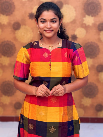 Paazhum Pazhamum Multi Check Butta Raw Silk Kurti with Lining - RSK 0025